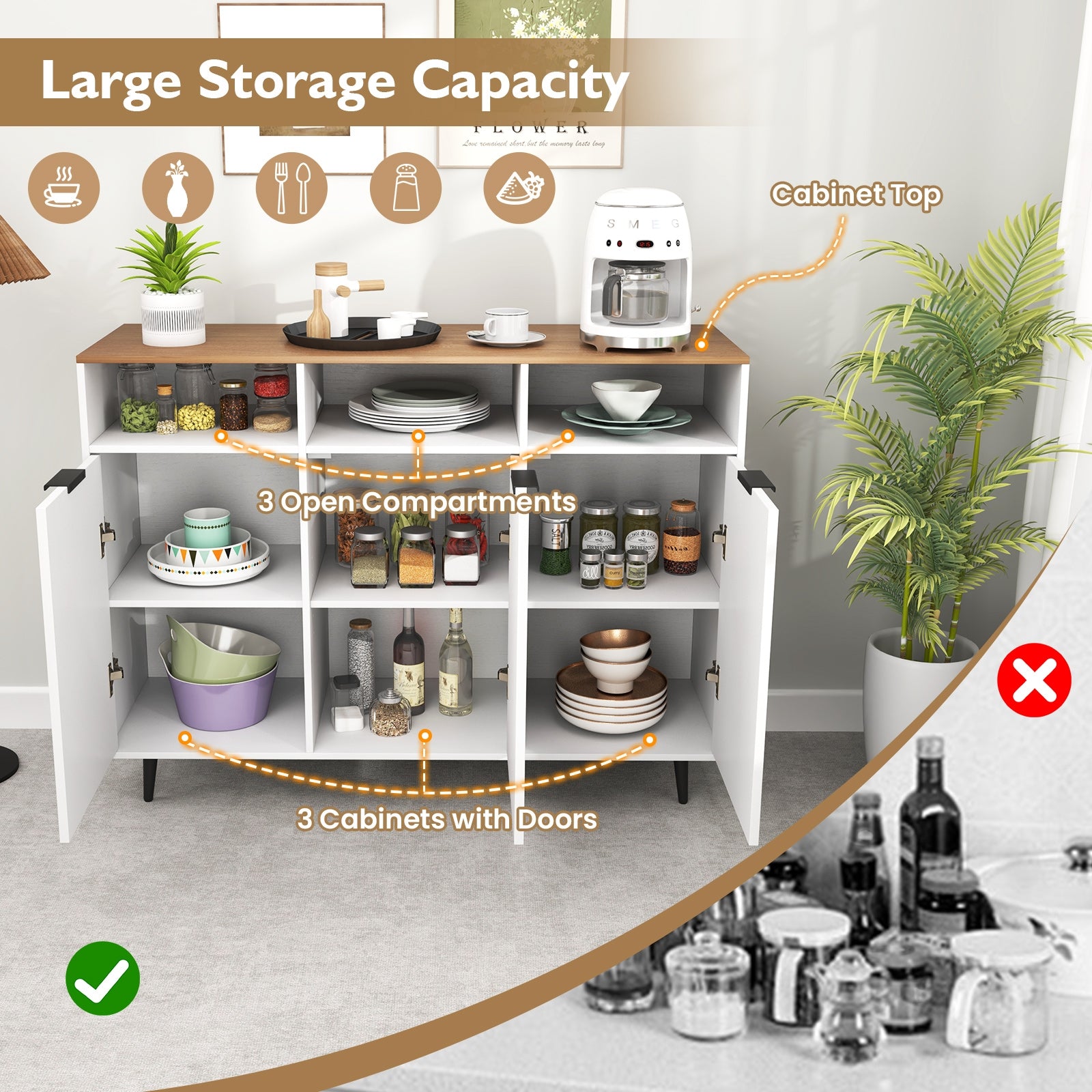 Sideboard Buffet Cabinet Kitchen Storage Cabinet with 5-Position Adjustable Shelves, White Sideboards Cabinets & Buffets at Gallery Canada