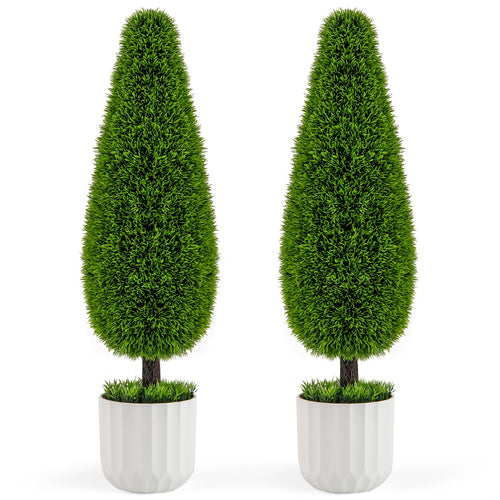 2 Pack 3 Feet Artificial Cedar Teardrop Bush, Plastic Nursery Pot, Green