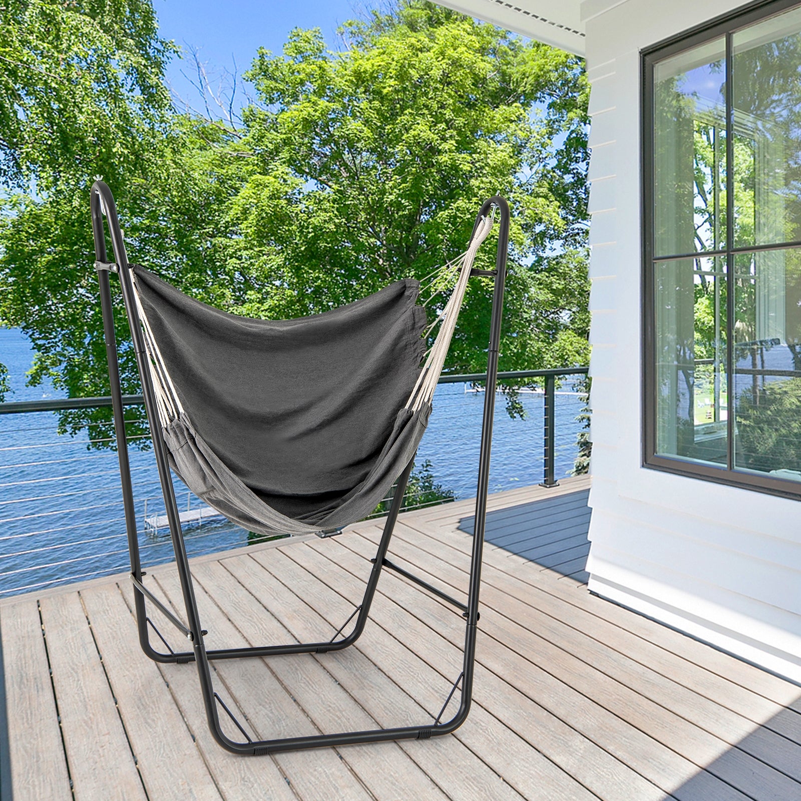 Hammock Chair with Heavy Duty Metal Frame and Side Pocket, Gray Recliners at Gallery Canada