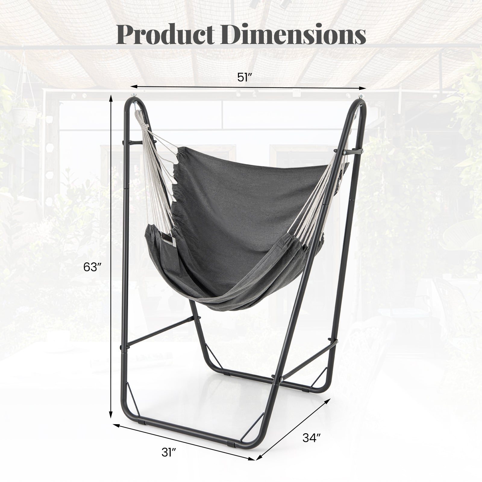 Hammock Chair with Heavy Duty Metal Frame and Side Pocket, Gray Recliners at Gallery Canada