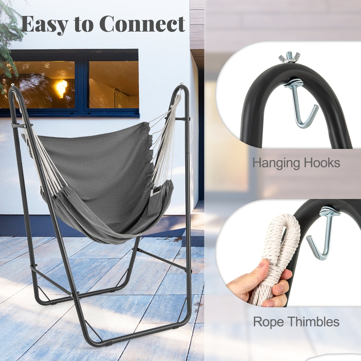 Hammock Chair with Heavy Duty Metal Frame and Side Pocket, Gray Recliners at Gallery Canada