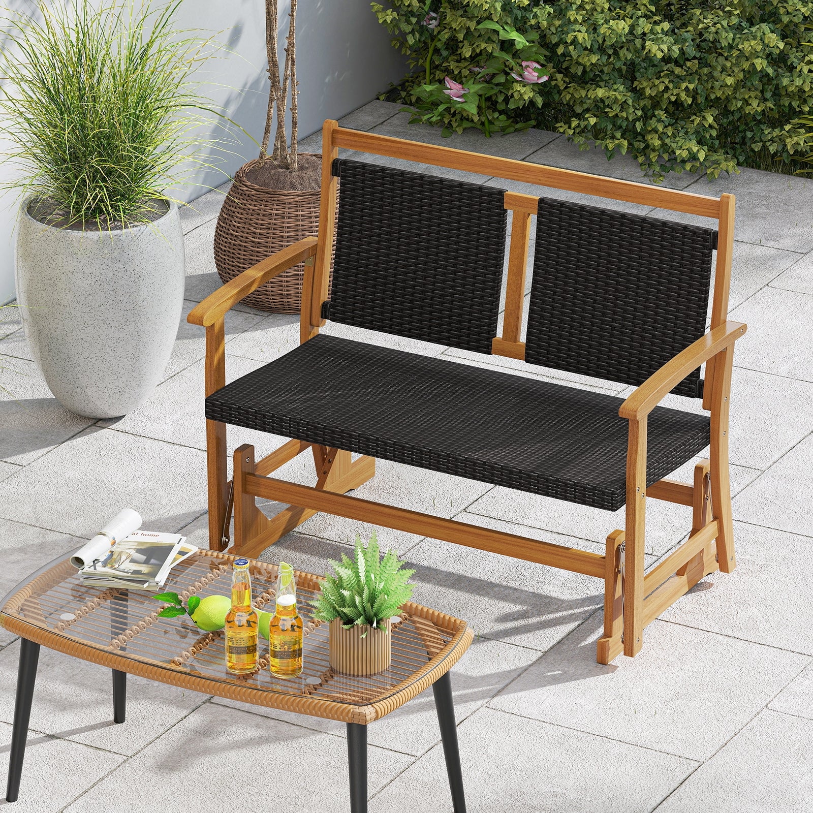 Patio Rattan Glider Bench for 2 with Acacia Wood Frame and Wicker Seat Back, Brown Patio Rocking Chairs & Gliders at Gallery Canada