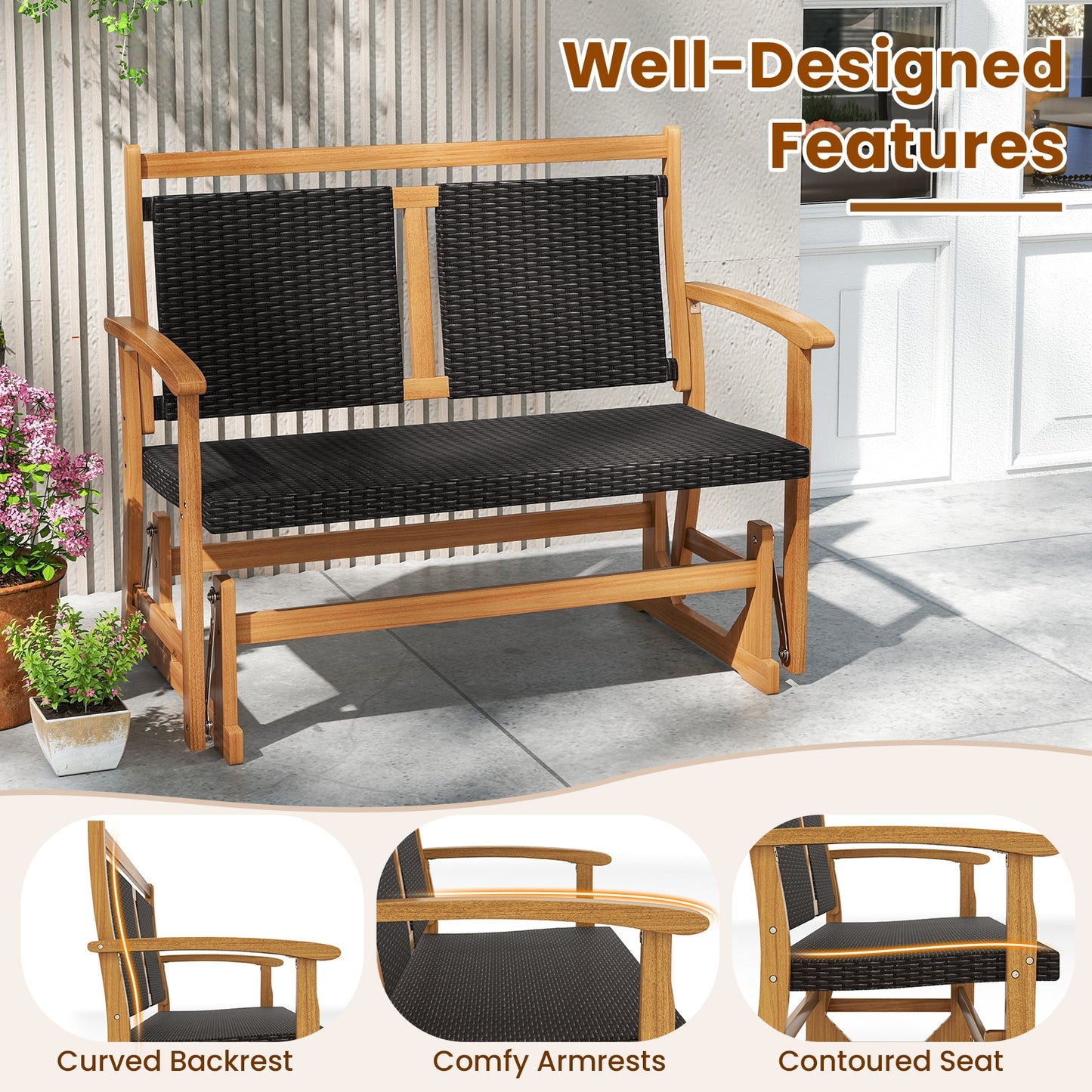 Patio Rattan Glider Bench for 2 with Acacia Wood Frame and Wicker Seat Back, Brown Patio Rocking Chairs & Gliders at Gallery Canada