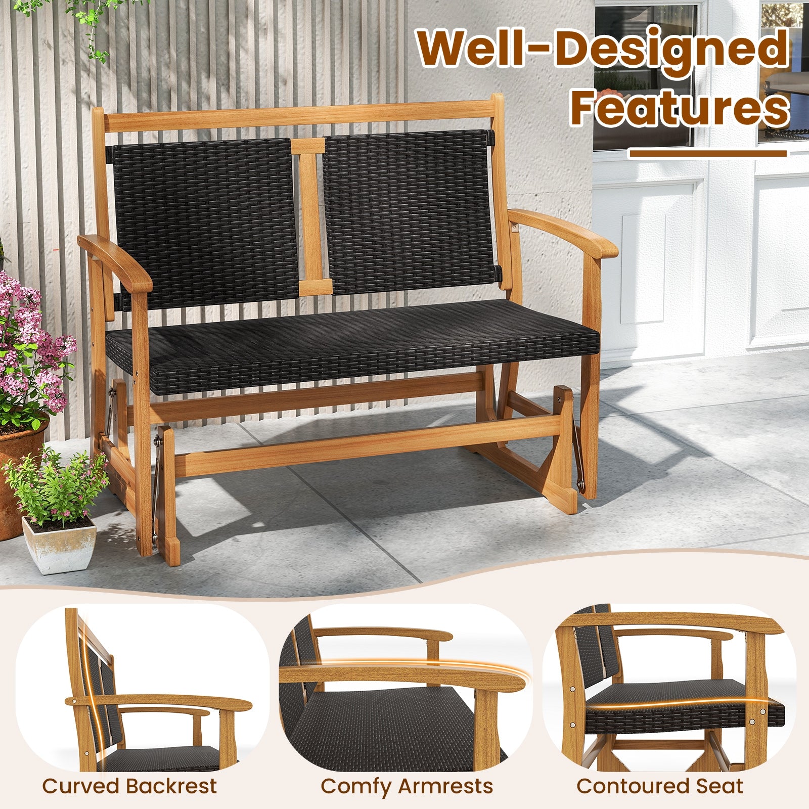 Patio Rattan Glider Bench for 2 with Acacia Wood Frame and Wicker Seat Back, Brown Patio Rocking Chairs & Gliders at Gallery Canada