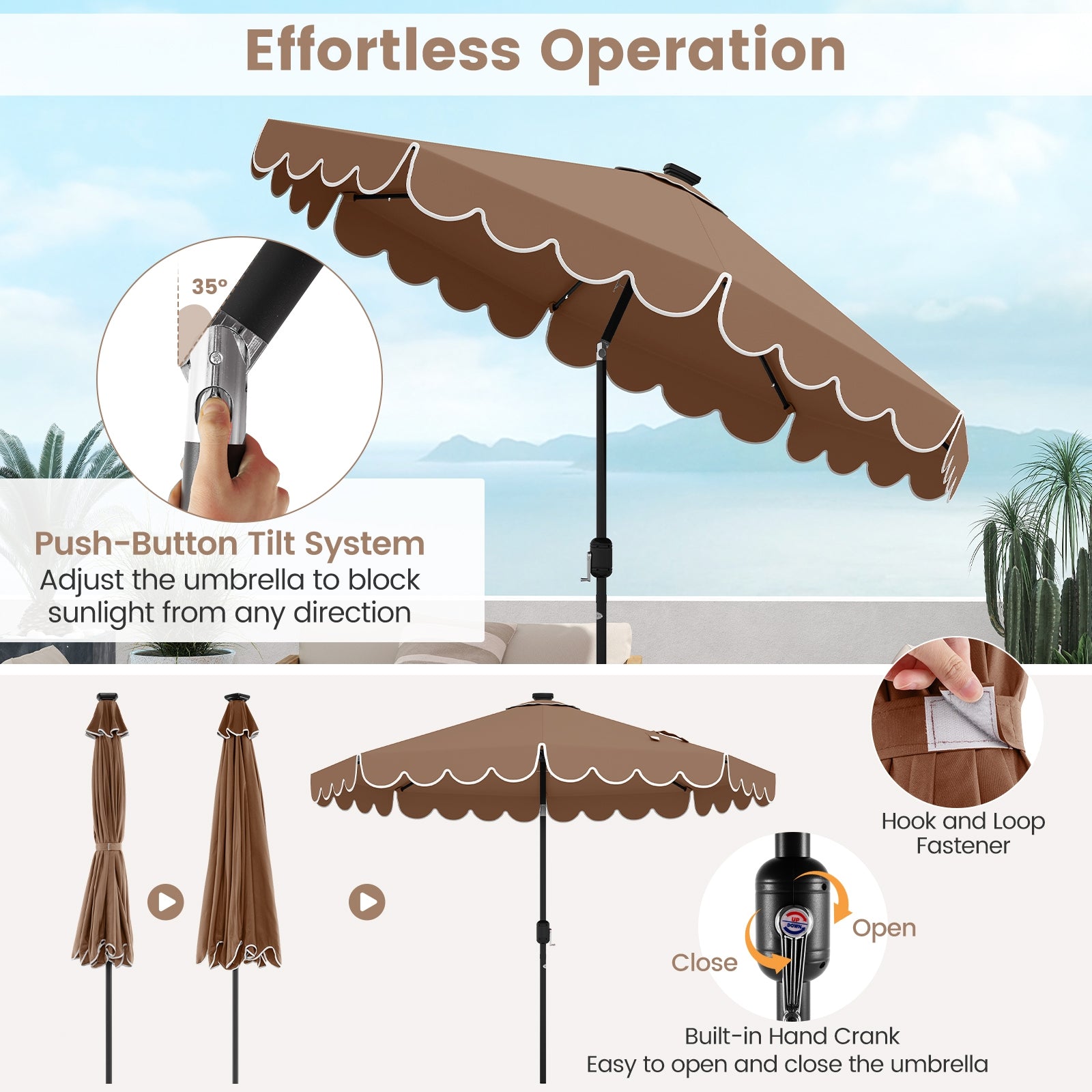 9.3 Feet Solar Patio Umbrella with 24 LED Lights Vented Top and Ruffles, Coffee Outdoor Umbrellas at Gallery Canada