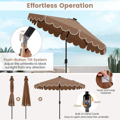 9.3 Feet Solar Patio Umbrella with 24 LED Lights Vented Top and Ruffles, Coffee Outdoor Umbrellas at Gallery Canada