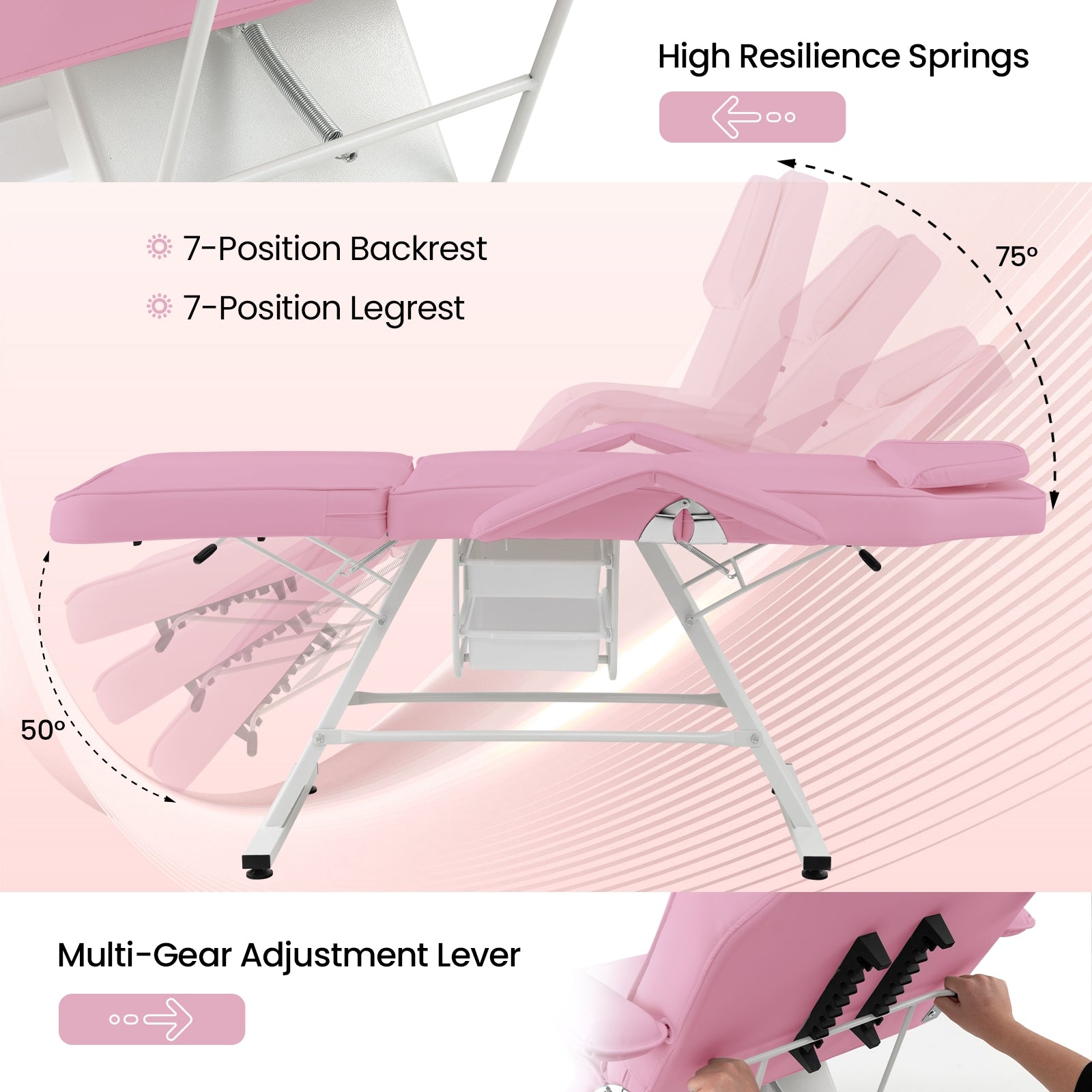 72 Inch Massage Bed with Hydraulic Stool Removable Headrest and Storage Boxes, Pink Spa & Salon at Gallery Canada