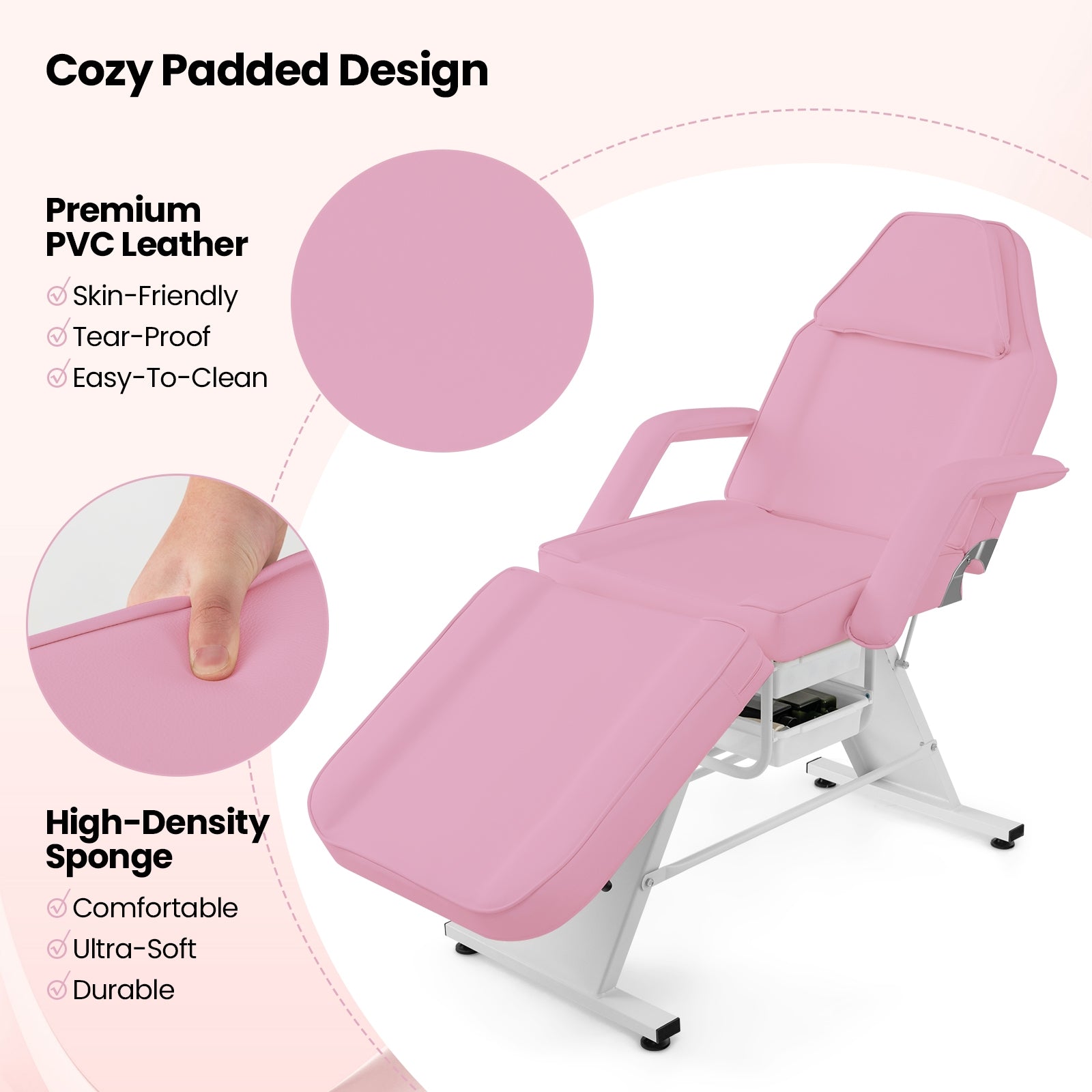 72 Inch Massage Bed with Hydraulic Stool Removable Headrest and Storage Boxes, Pink Spa & Salon at Gallery Canada