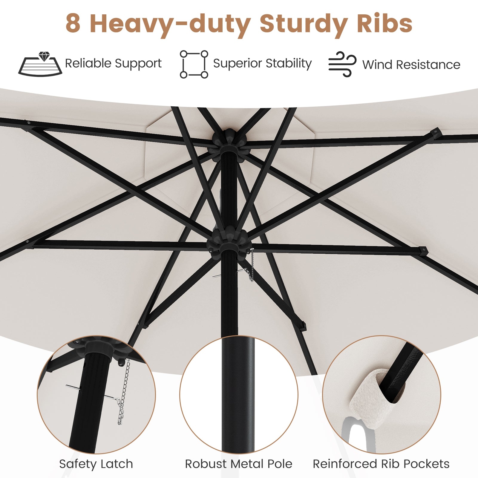 9.3 Feet Solar Patio Umbrella, 24 LED Lights, Vented Top, Ruffles, Beige Outdoor Umbrellas at Gallery Canada