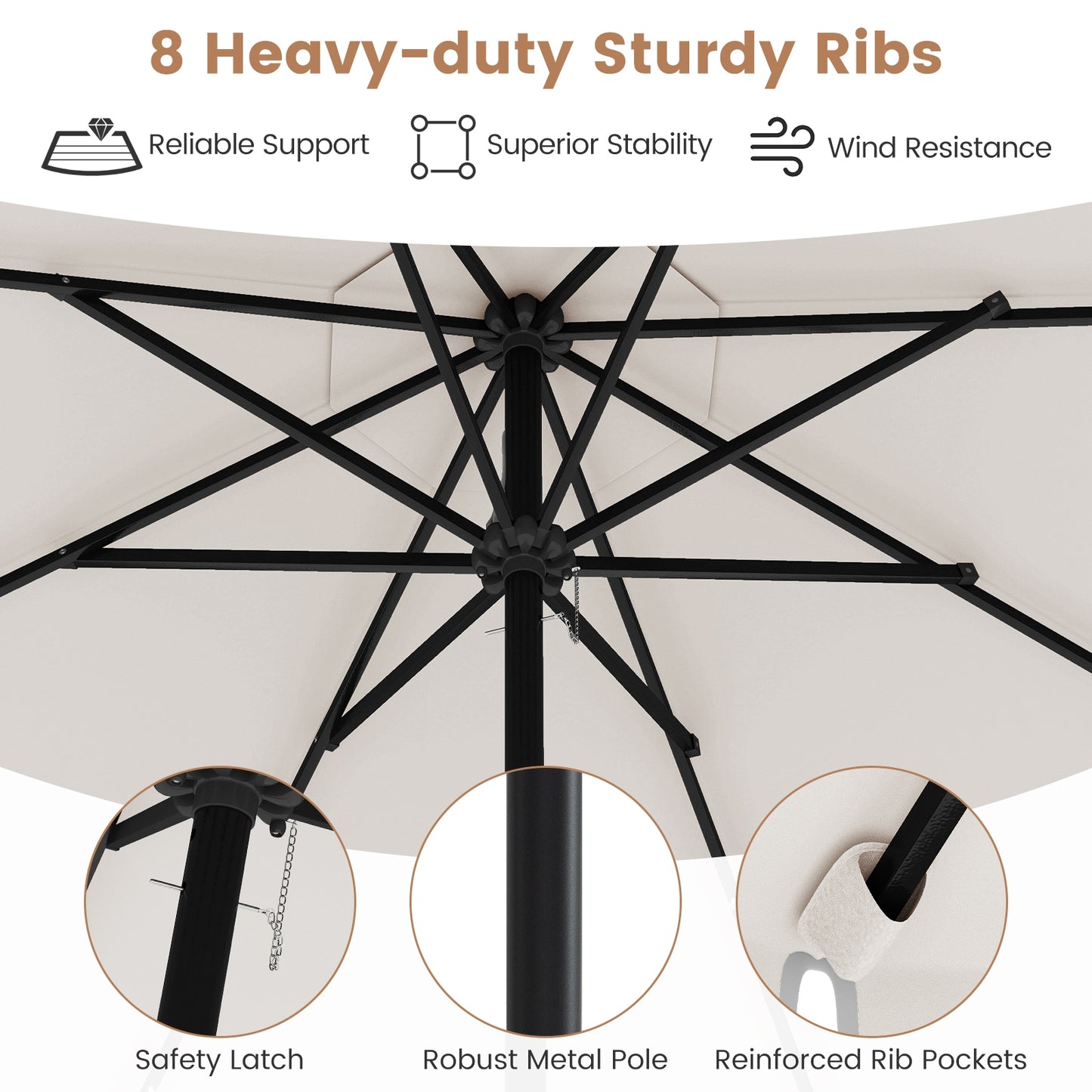 9.3 Feet Solar Patio Umbrella, 24 LED Lights, Vented Top, Ruffles, Beige Outdoor Umbrellas at Gallery Canada