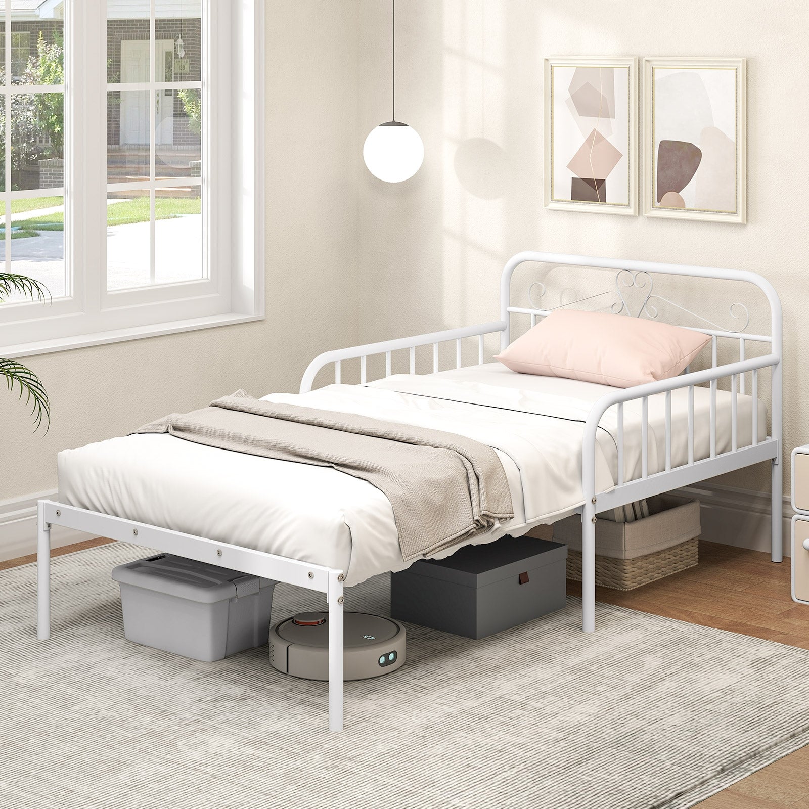 Extendable Metal Daybed to Twin Size Bed with Guardrails and Armrests, White Bunk Bed Frame at Gallery Canada