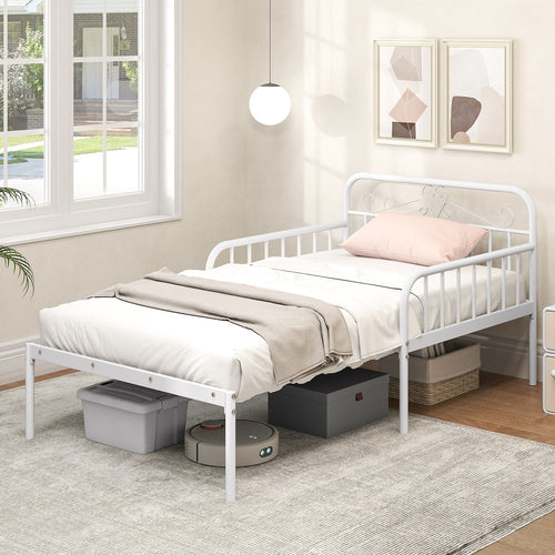 Extendable Metal Daybed to Twin Size Bed with Guardrails and Armrests, White