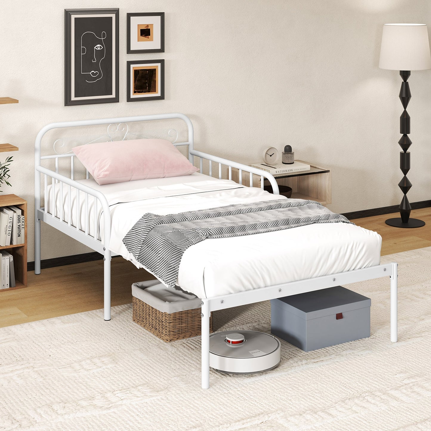 Extendable Metal Daybed to Twin Size Bed with Guardrails and Armrests, White Bunk Bed Frame at Gallery Canada