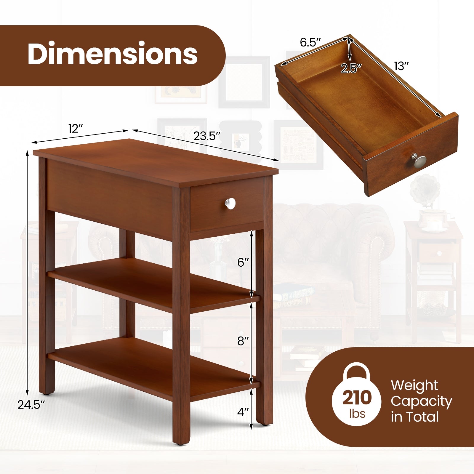 3-Tier Narrow End Table with Drawer and Storage Shelves, Brown End & Side Tables at Gallery Canada