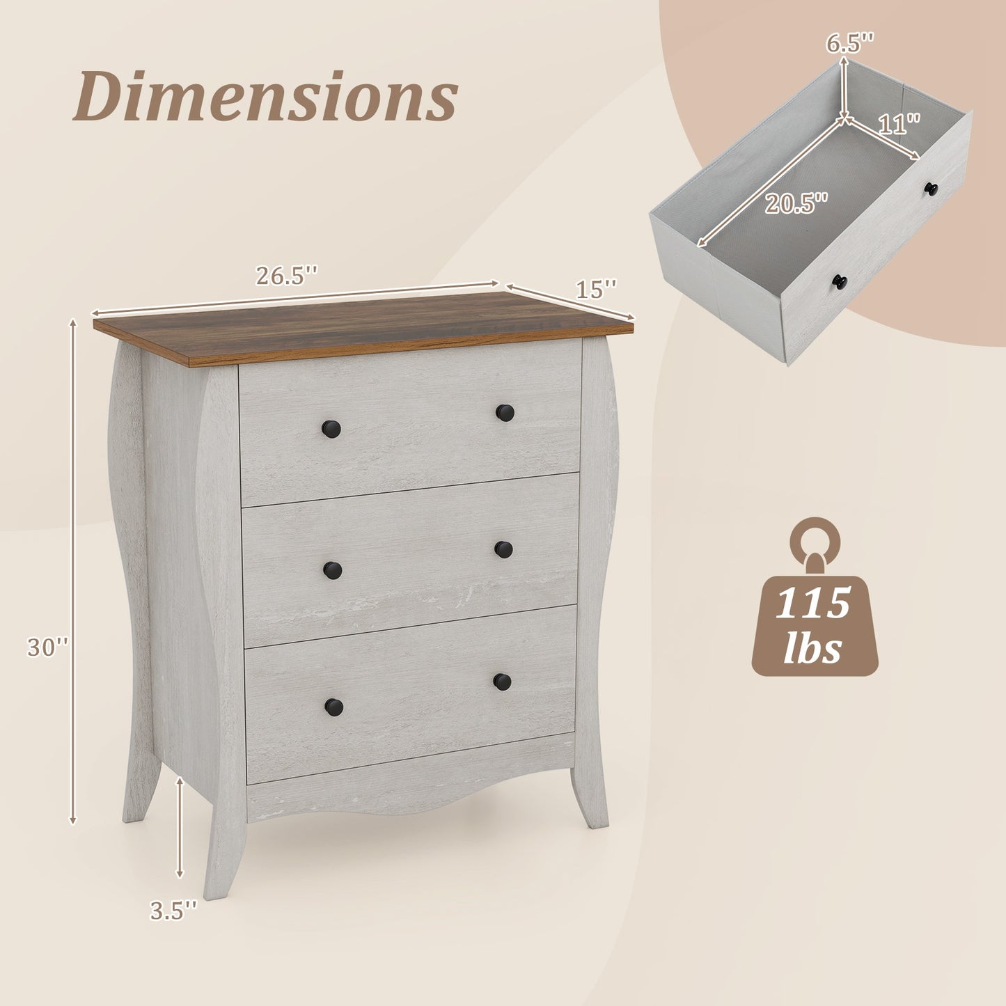 Dresser for Bedroom with 3 Folding Fabric Drawers and Anti-tipping Kit, Gray Nightstands at Gallery Canada