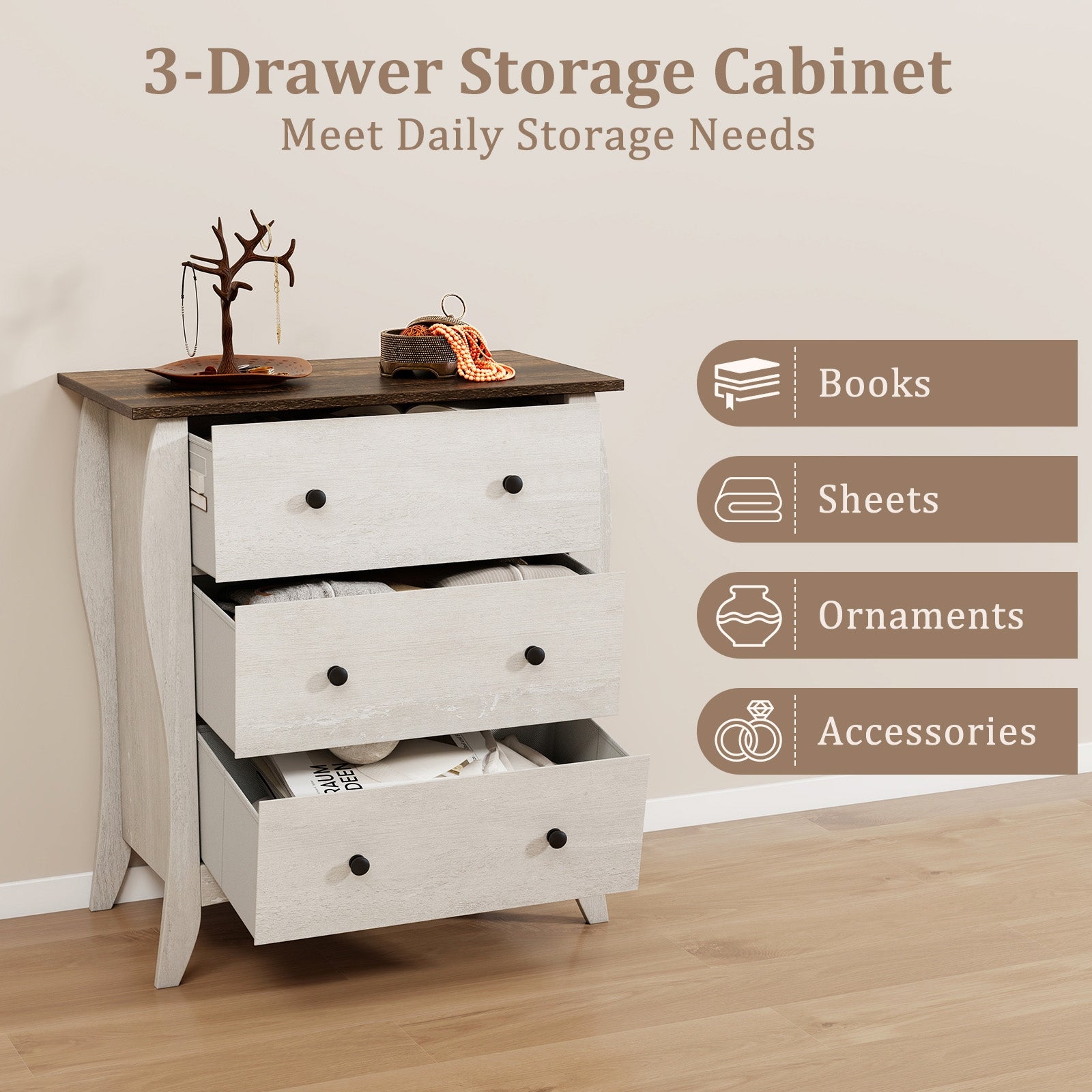 Dresser for Bedroom with 3 Folding Fabric Drawers and Anti-tipping Kit, Gray Nightstands at Gallery Canada