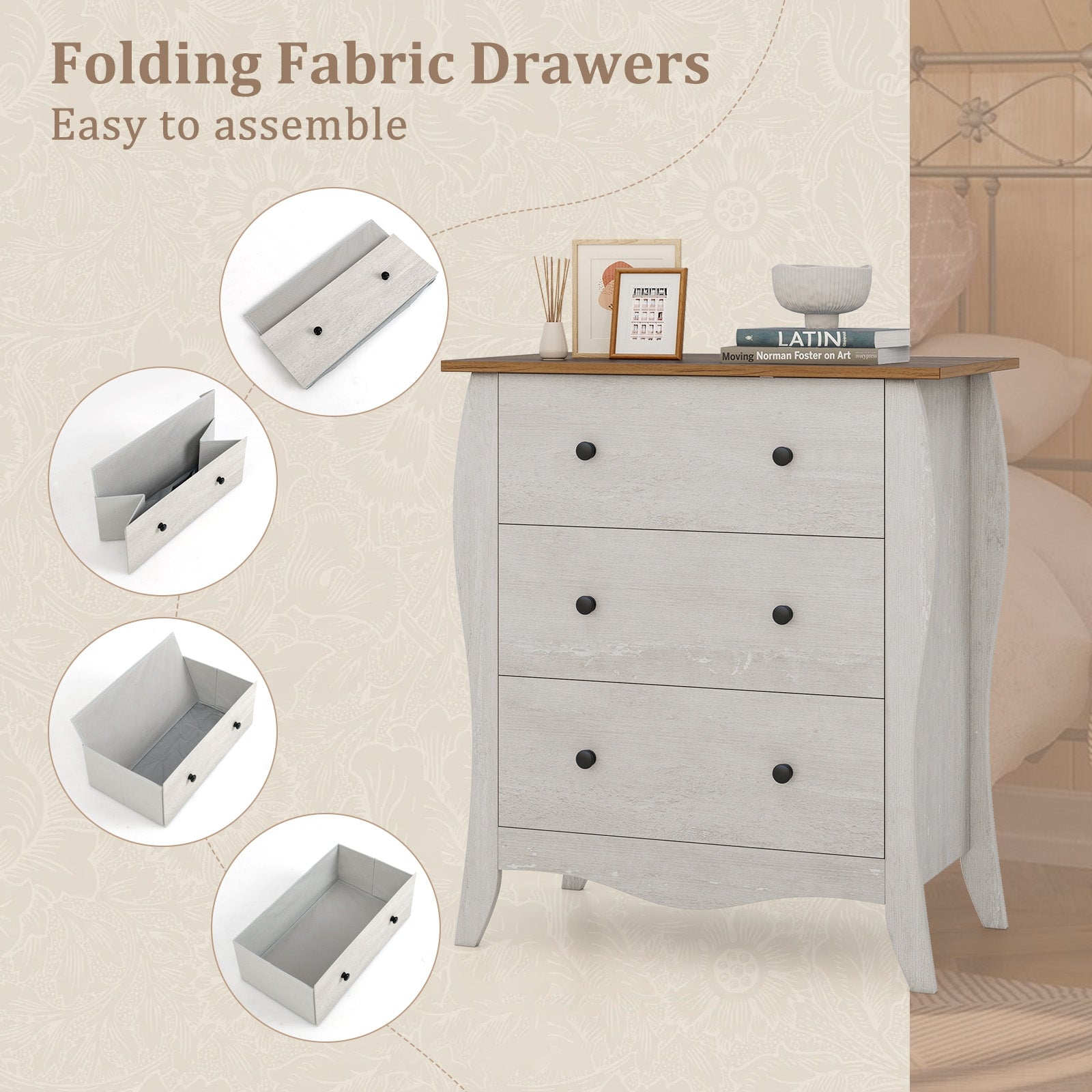 Dresser for Bedroom with 3 Folding Fabric Drawers and Anti-tipping Kit, Gray Nightstands at Gallery Canada
