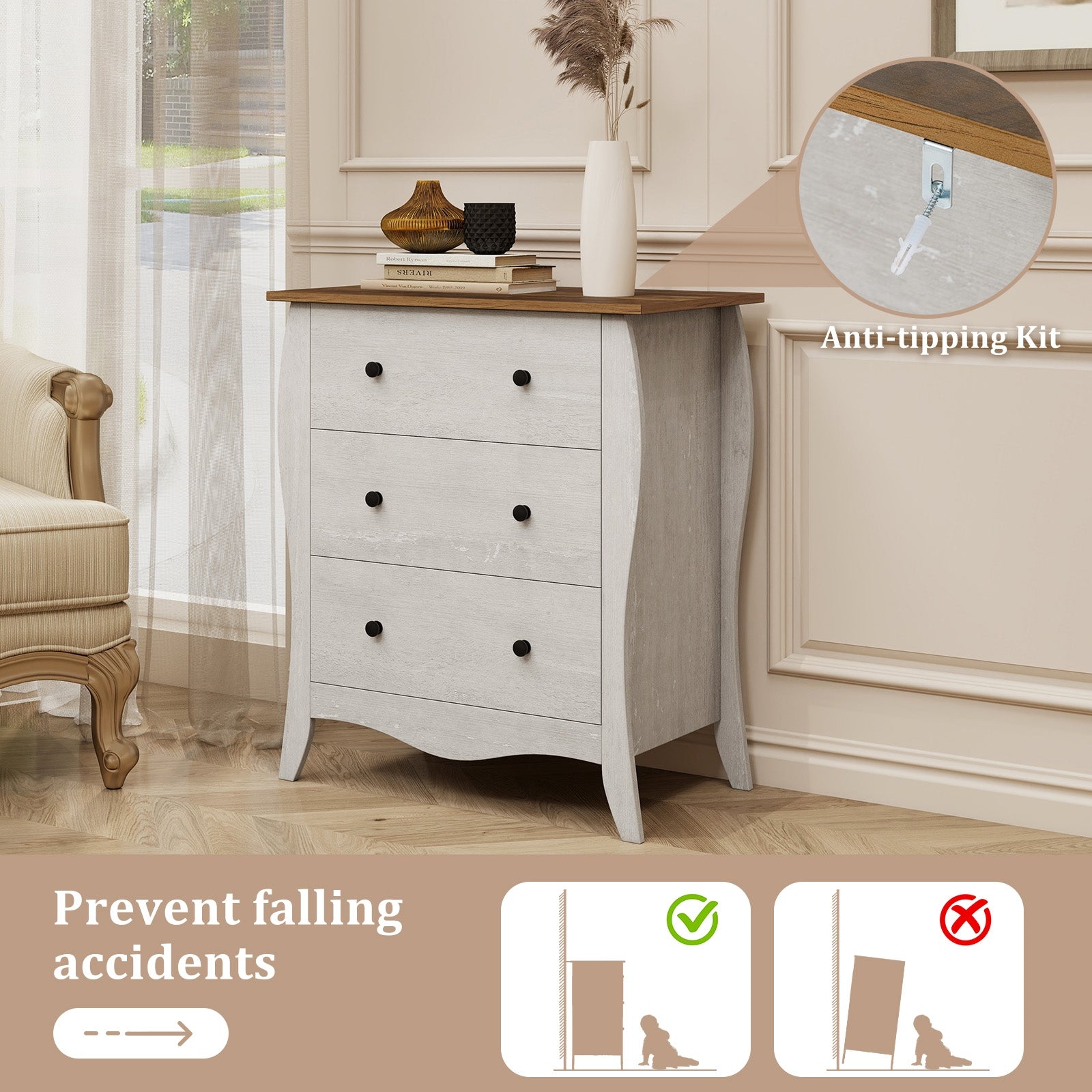 Dresser for Bedroom with 3 Folding Fabric Drawers and Anti-tipping Kit, Gray Nightstands at Gallery Canada