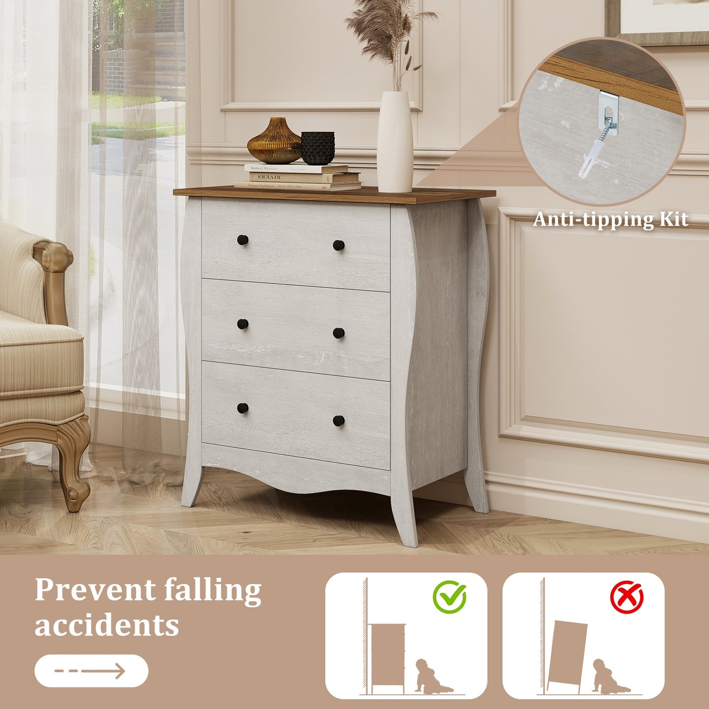 Dresser for Bedroom with 3 Folding Fabric Drawers and Anti-tipping Kit, Gray Nightstands at Gallery Canada