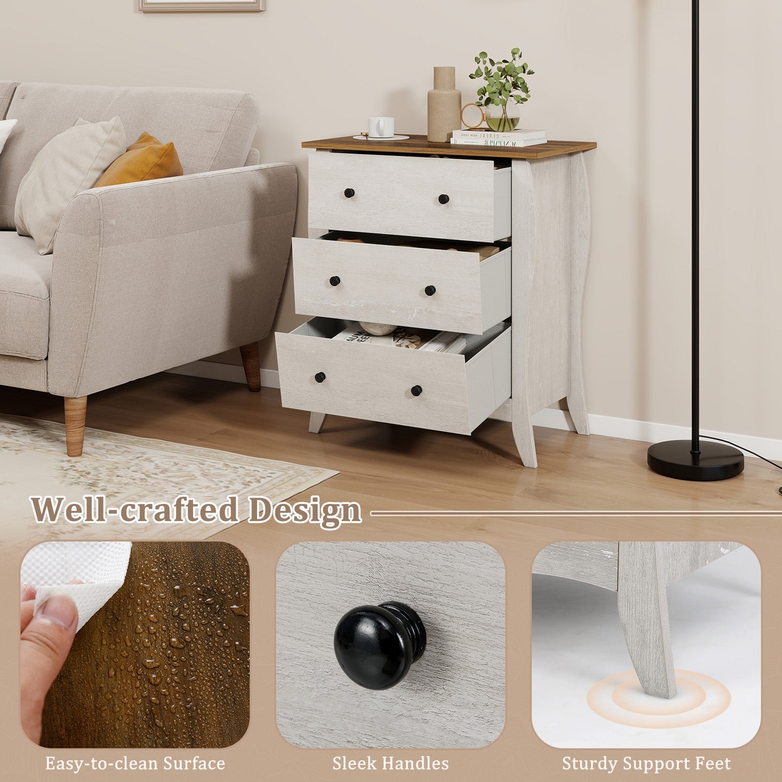 Dresser for Bedroom with 3 Folding Fabric Drawers and Anti-tipping Kit, Gray Nightstands at Gallery Canada