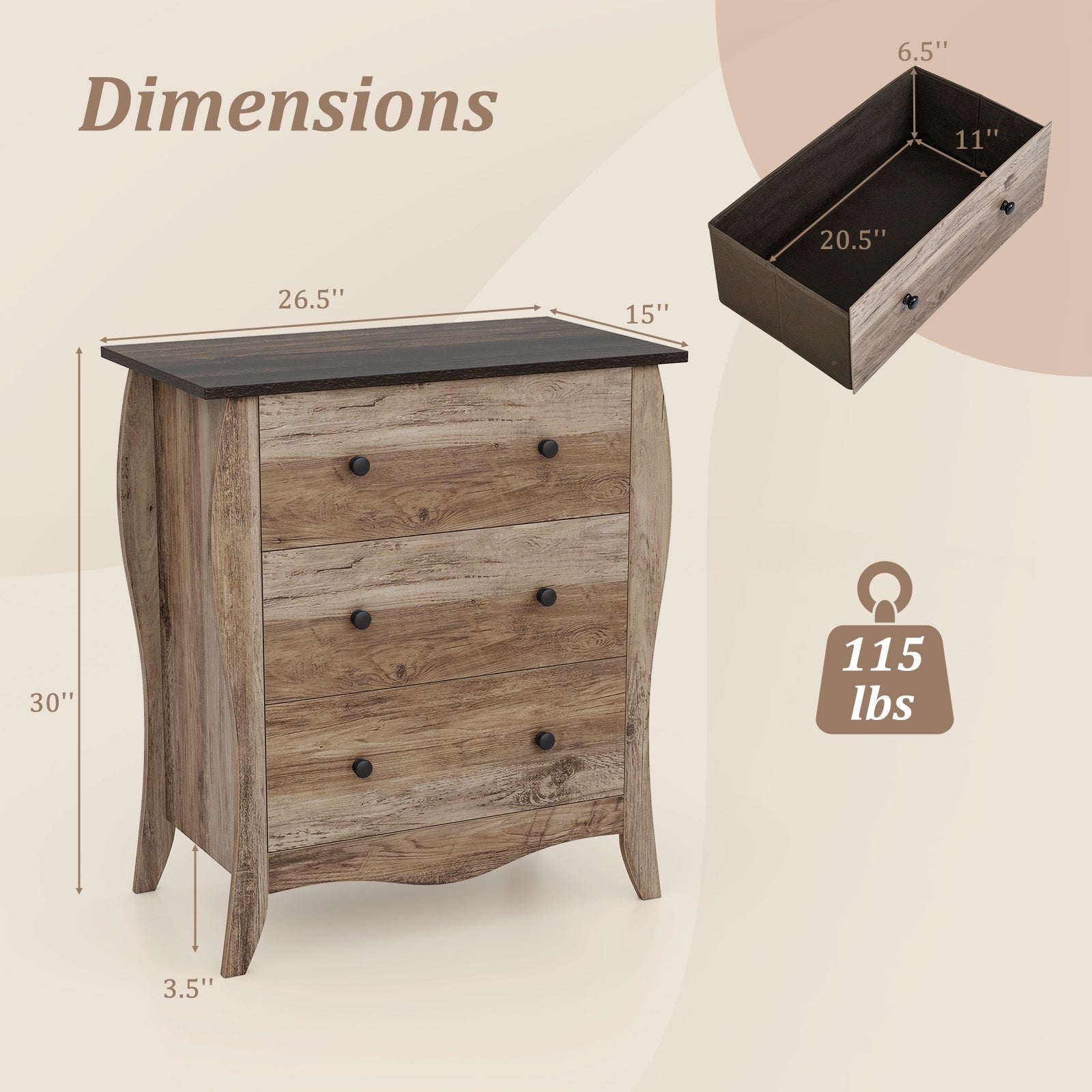 Dresser for Bedroom with 3 Folding Fabric Drawers and Anti-tipping Kit, Brown Nightstands at Gallery Canada
