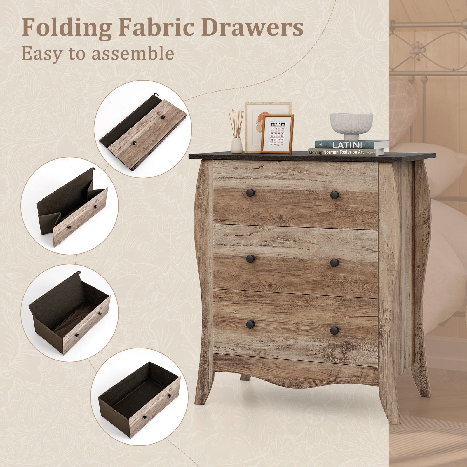Dresser for Bedroom with 3 Folding Fabric Drawers and Anti-tipping Kit, Brown Nightstands at Gallery Canada