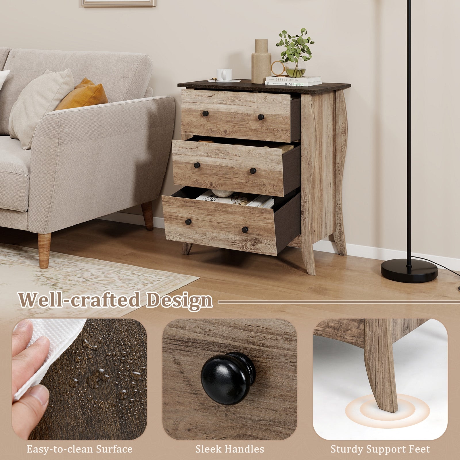 Dresser for Bedroom with 3 Folding Fabric Drawers and Anti-tipping Kit, Brown Nightstands at Gallery Canada