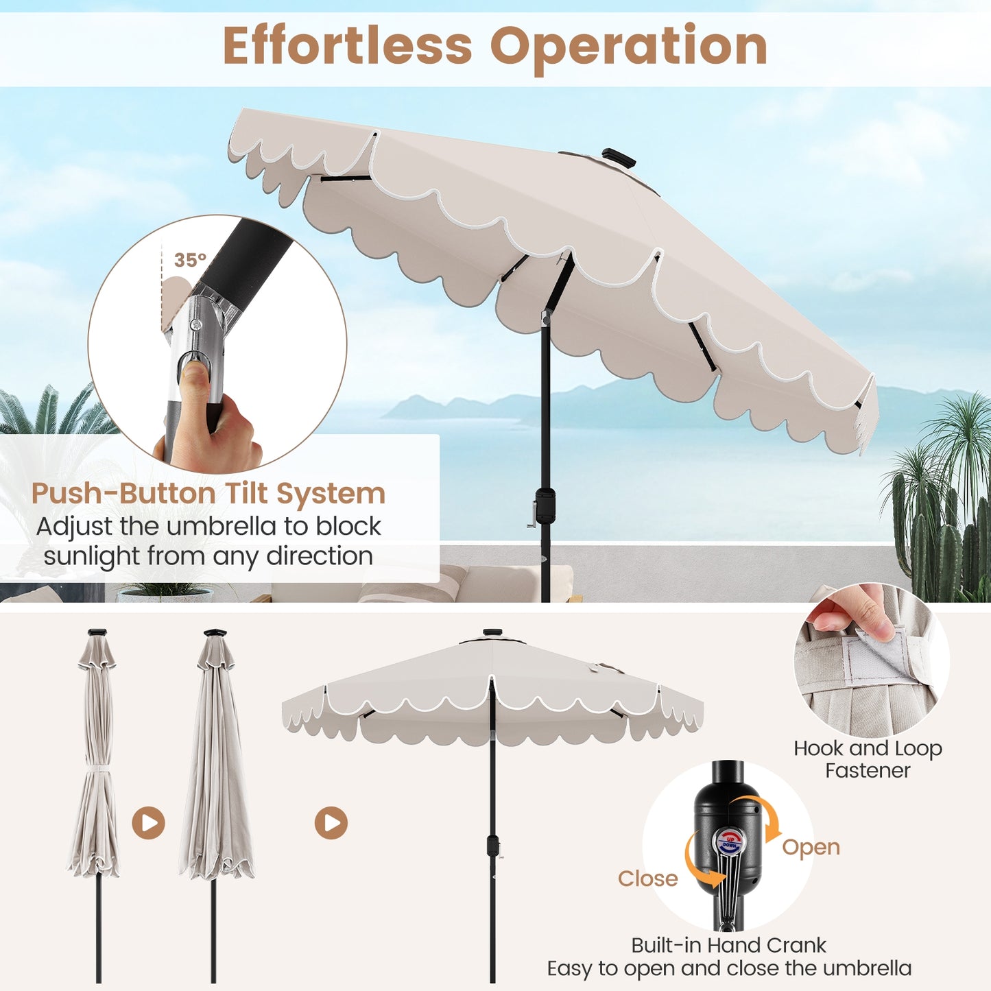 9.3 Feet Solar Patio Umbrella, 24 LED Lights, Vented Top, Ruffles, Beige Outdoor Umbrellas at Gallery Canada