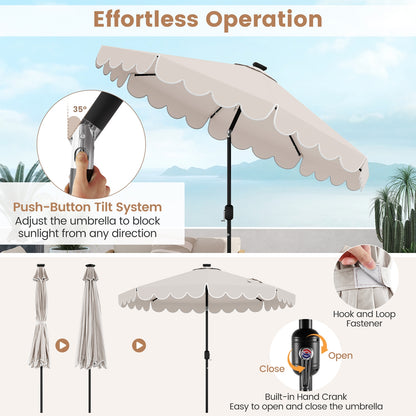 9.3 Feet Solar Patio Umbrella, 24 LED Lights, Vented Top, Ruffles, Beige Outdoor Umbrellas at Gallery Canada