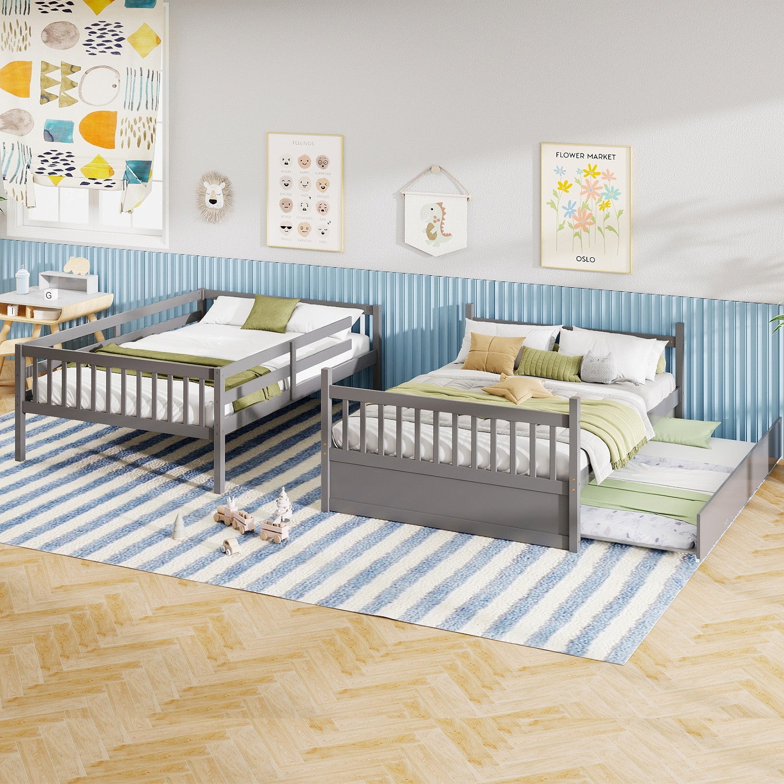 Full over Full Bunk Bed Platform Wood Bed with Ladder, Gray Bunk Bed Frame at Gallery Canada