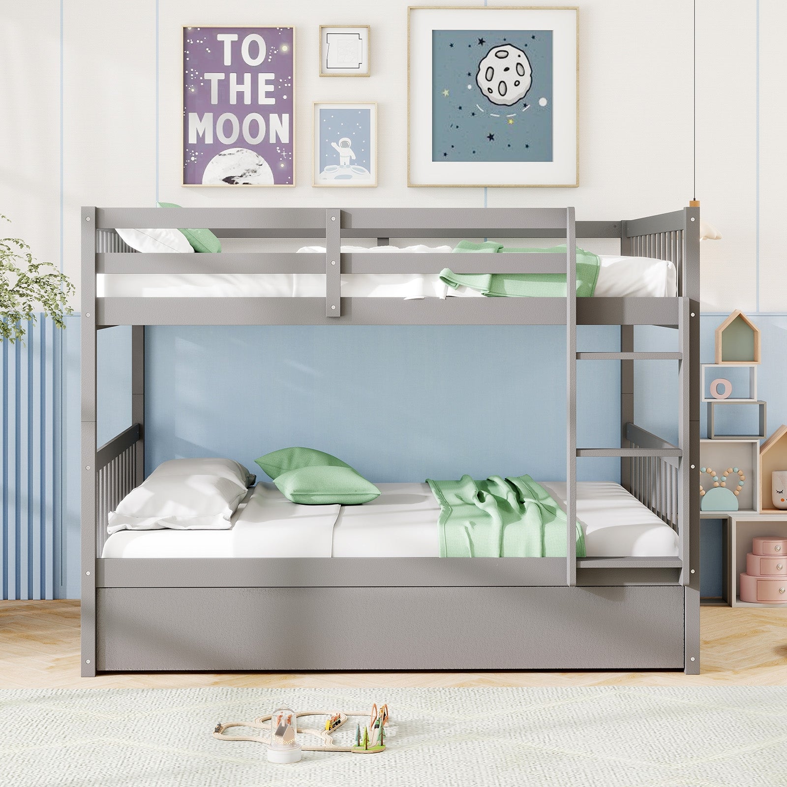 Full over Full Bunk Bed Platform Wood Bed with Ladder, Gray Bunk Bed Frame at Gallery Canada