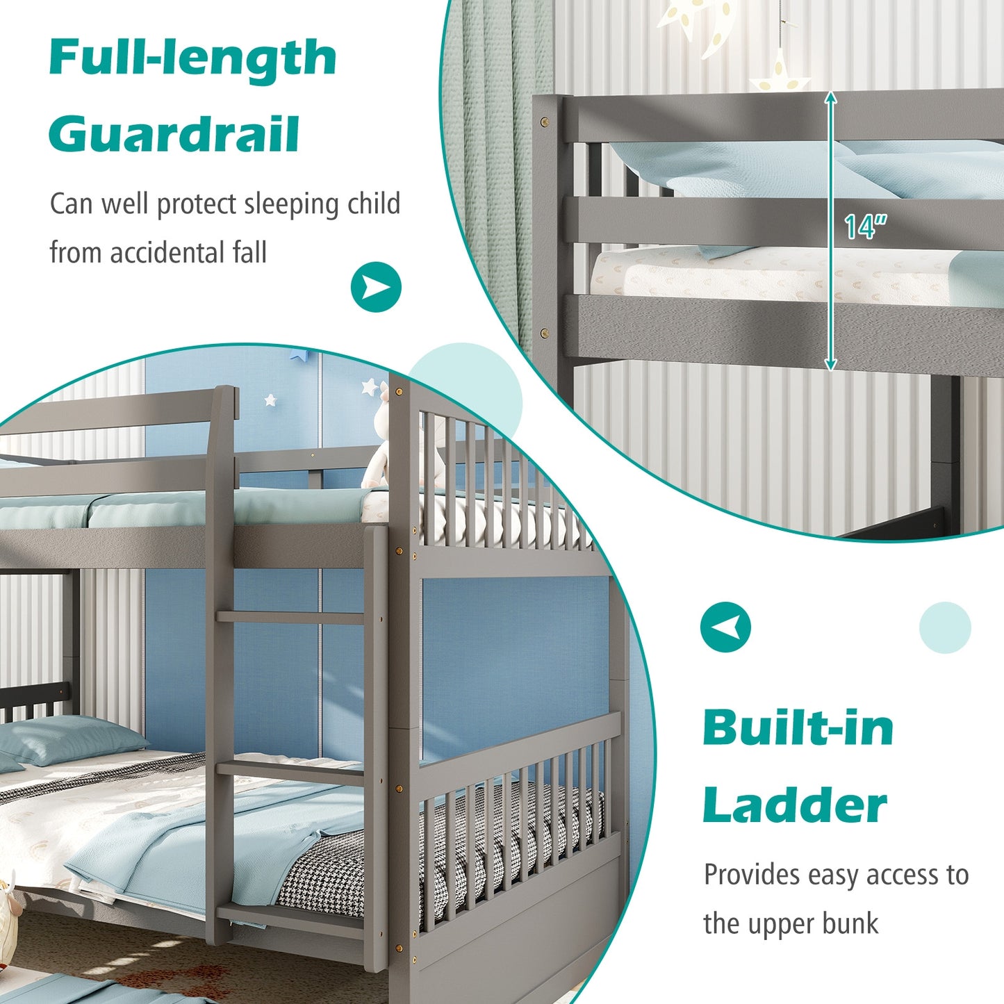 Full over Full Bunk Bed Platform Wood Bed with Ladder, Gray Bunk Bed Frame at Gallery Canada