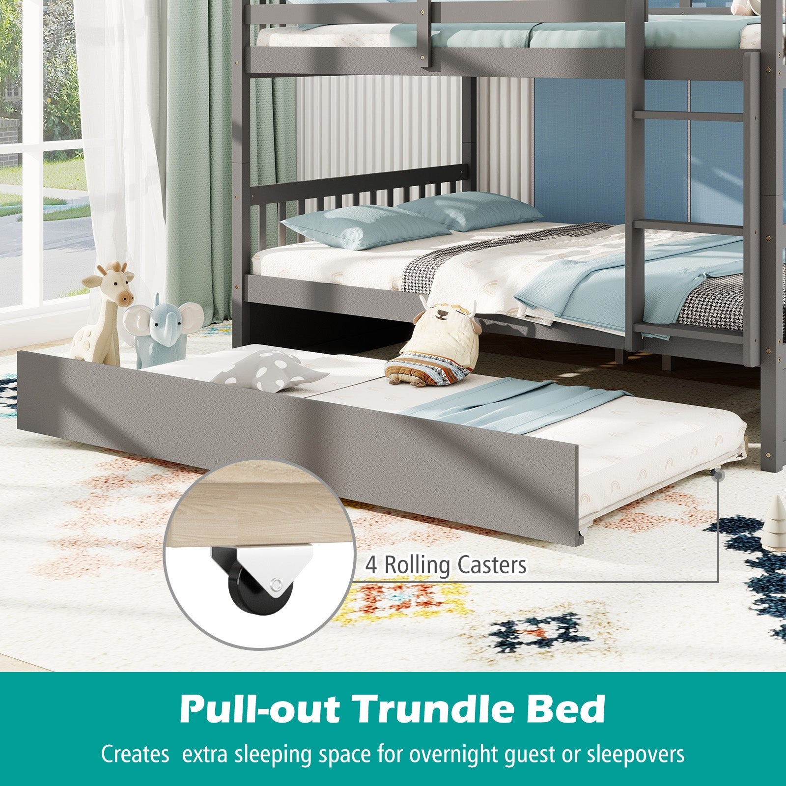 Full over Full Bunk Bed Platform Wood Bed with Ladder, Gray Bunk Bed Frame at Gallery Canada