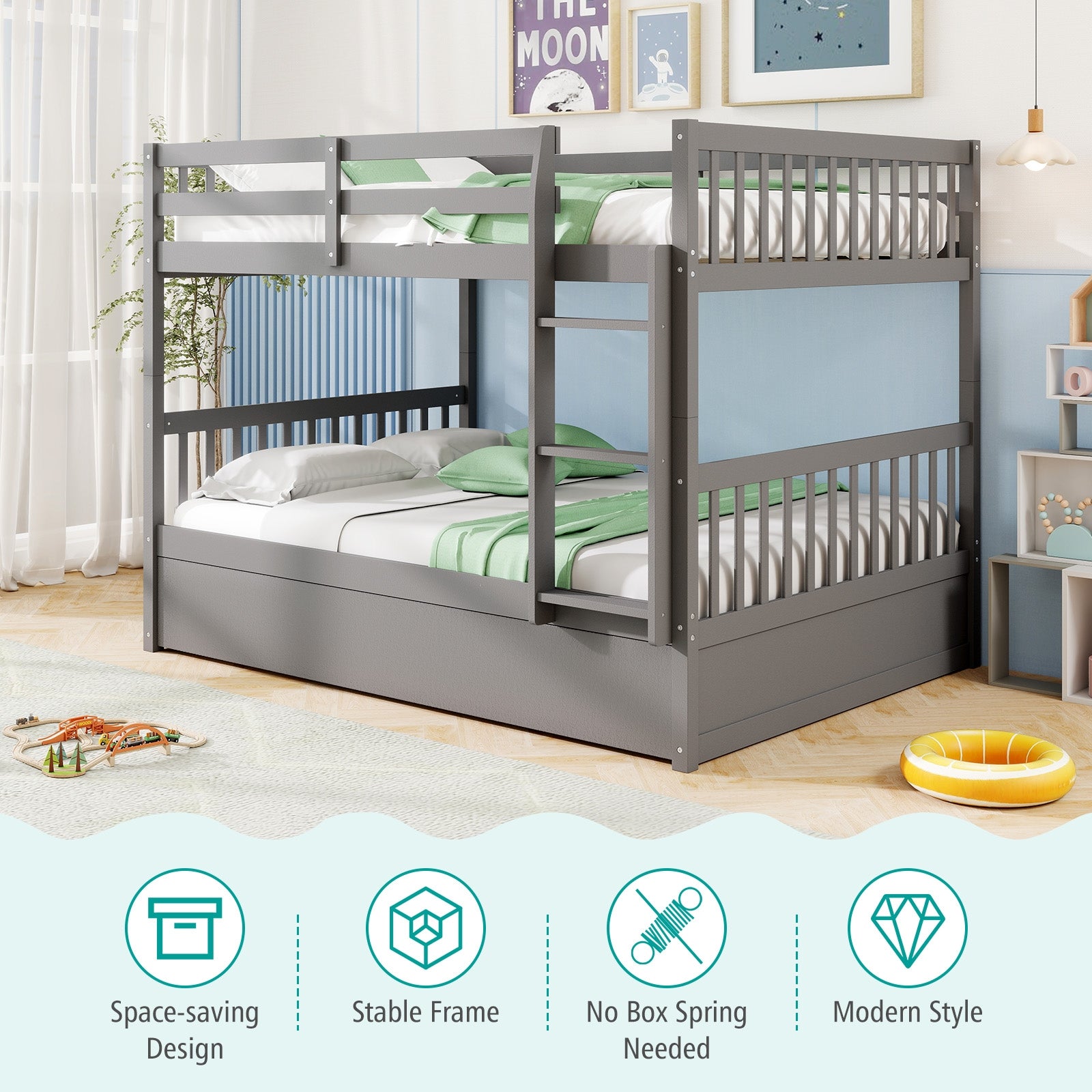 Full over Full Bunk Bed Platform Wood Bed with Ladder, Gray Bunk Bed Frame at Gallery Canada