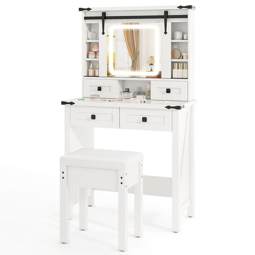 Makeup Vanity Desk with Mirror and Adjustable Storage Shelves, White
