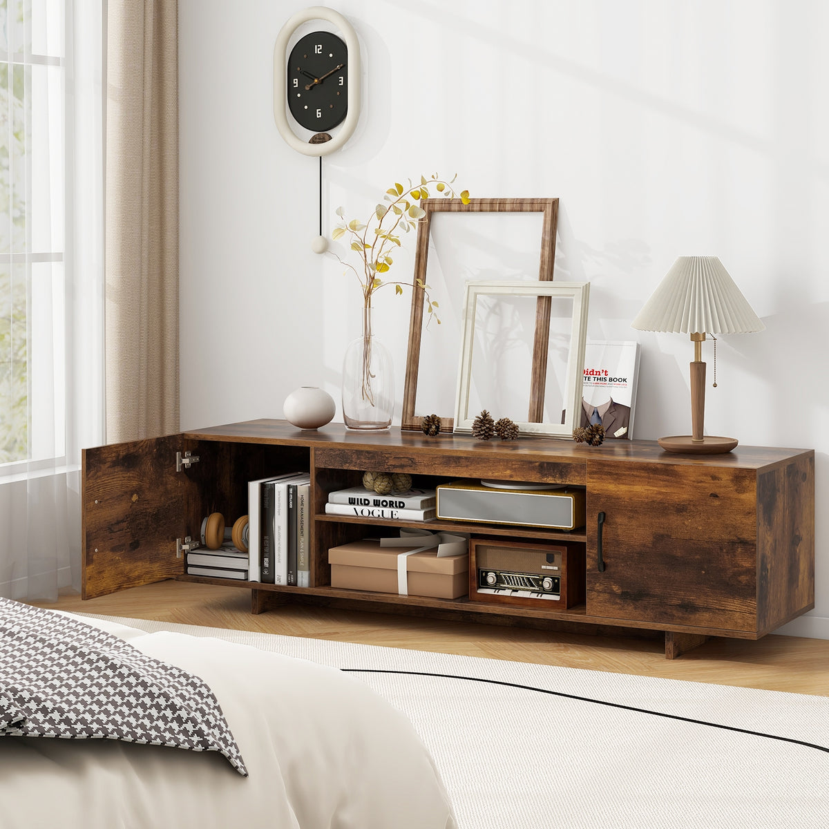 TV Stand With Power Outlet, 2 Cable Holes, 65 Inch, Rustic Brown Entertainment Centers & TV Stands at Gallery Canada