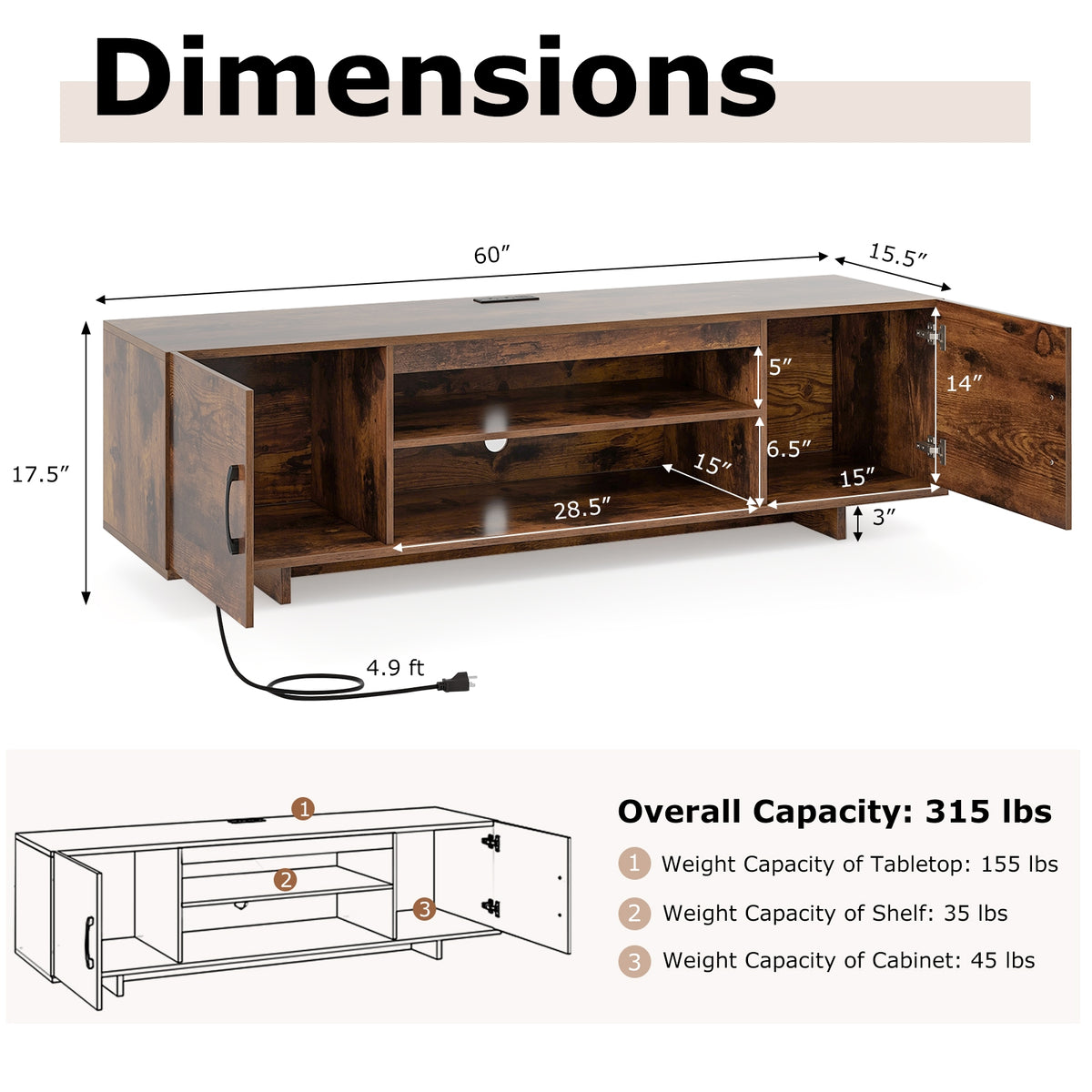 TV Stand With Power Outlet, 2 Cable Holes, 65 Inch, Rustic Brown Entertainment Centers & TV Stands at Gallery Canada