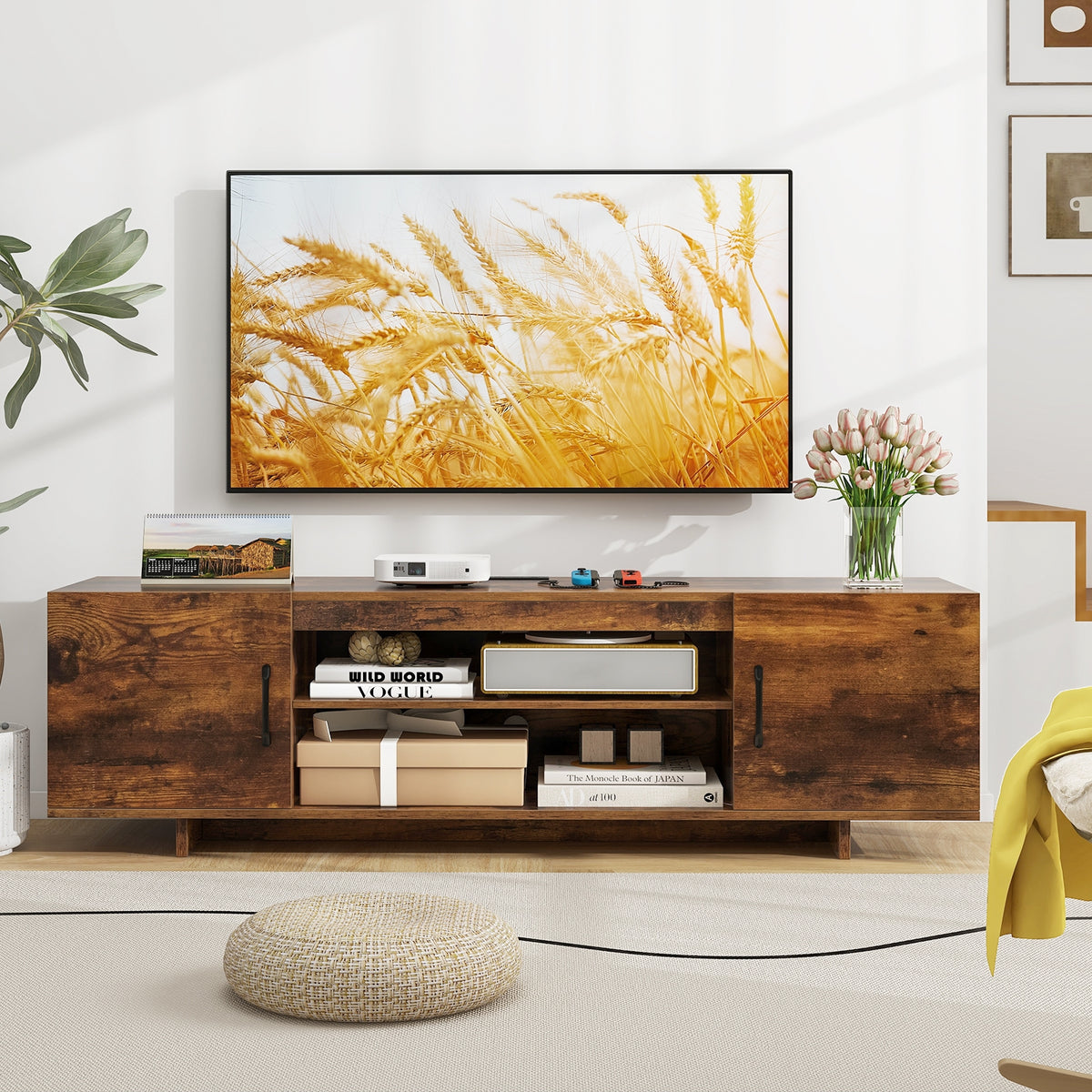 TV Stand With Power Outlet, 2 Cable Holes, 65 Inch, Rustic Brown Entertainment Centers & TV Stands at Gallery Canada