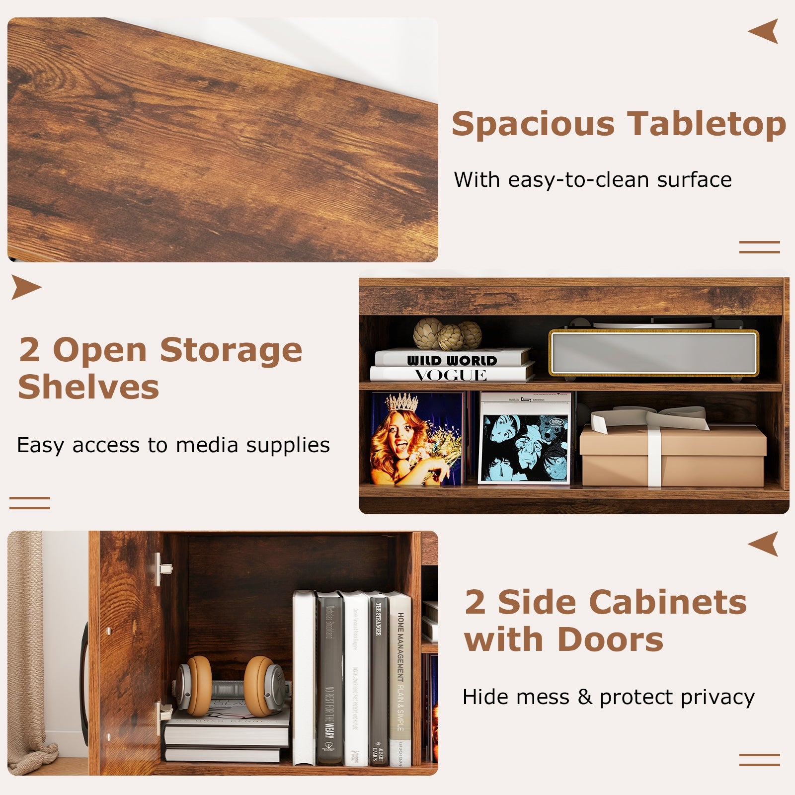 TV Stand With Power Outlet, 2 Cable Holes, 65 Inch, Rustic Brown Entertainment Centers & TV Stands at Gallery Canada