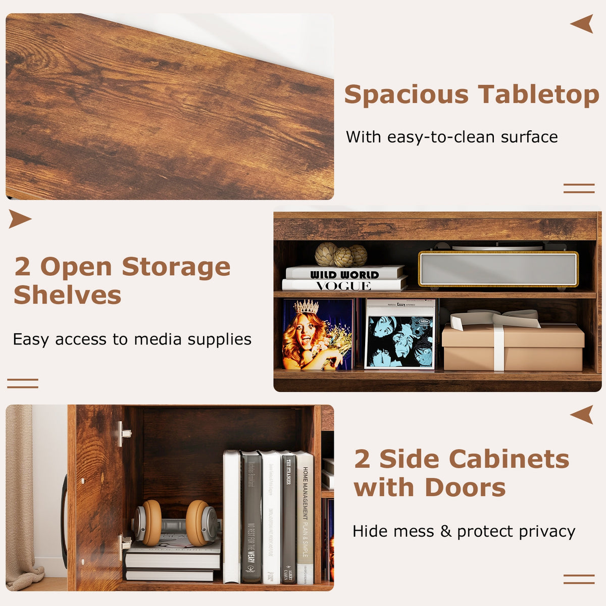 TV Stand With Power Outlet, 2 Cable Holes, 65 Inch, Rustic Brown Entertainment Centers & TV Stands at Gallery Canada