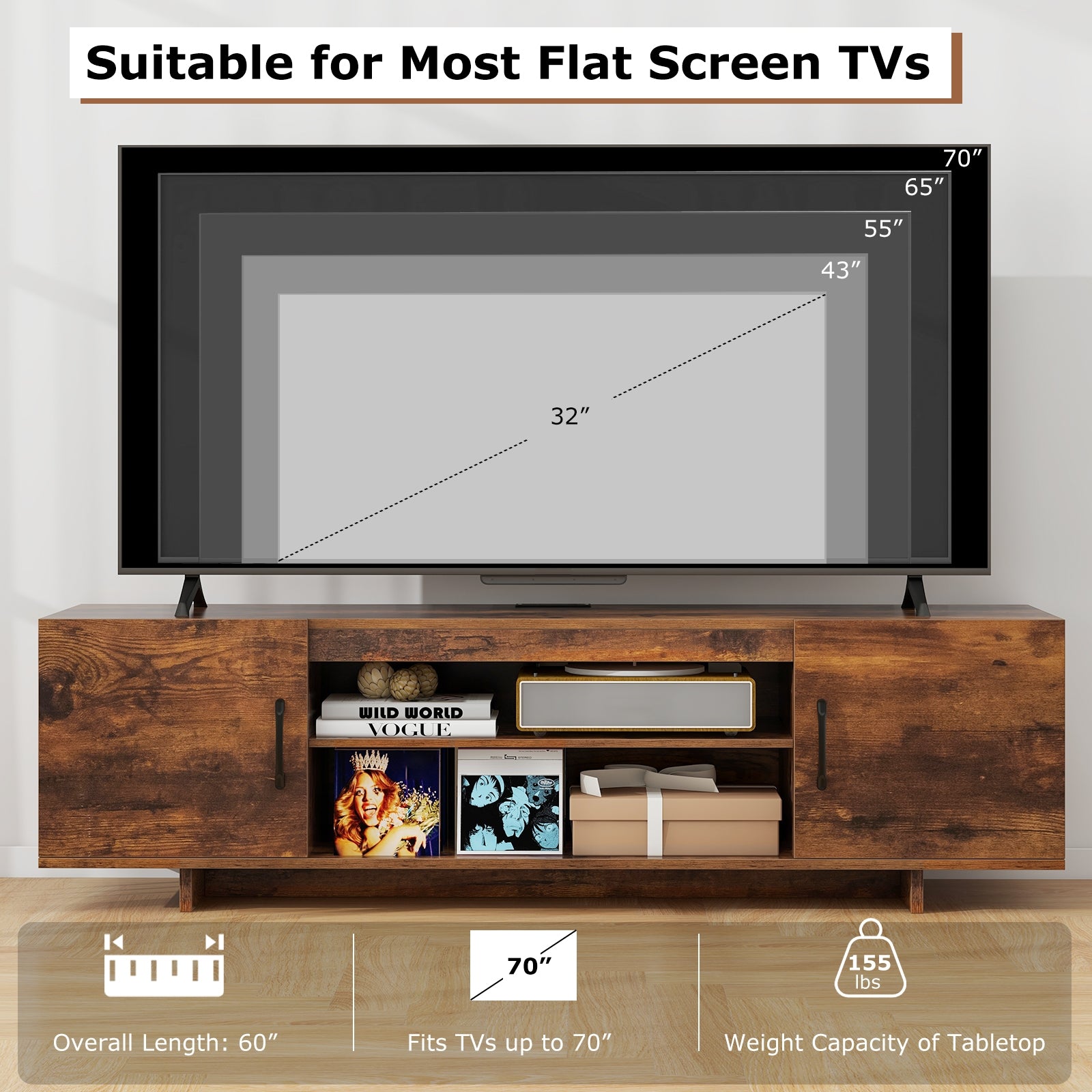 TV Stand With Power Outlet, 2 Cable Holes, 65 Inch, Rustic Brown Entertainment Centers & TV Stands at Gallery Canada