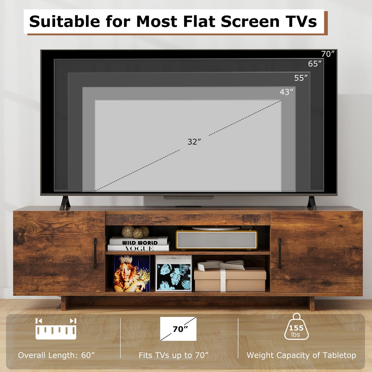 TV Stand With Power Outlet, 2 Cable Holes, 65 Inch, Rustic Brown Entertainment Centers & TV Stands at Gallery Canada