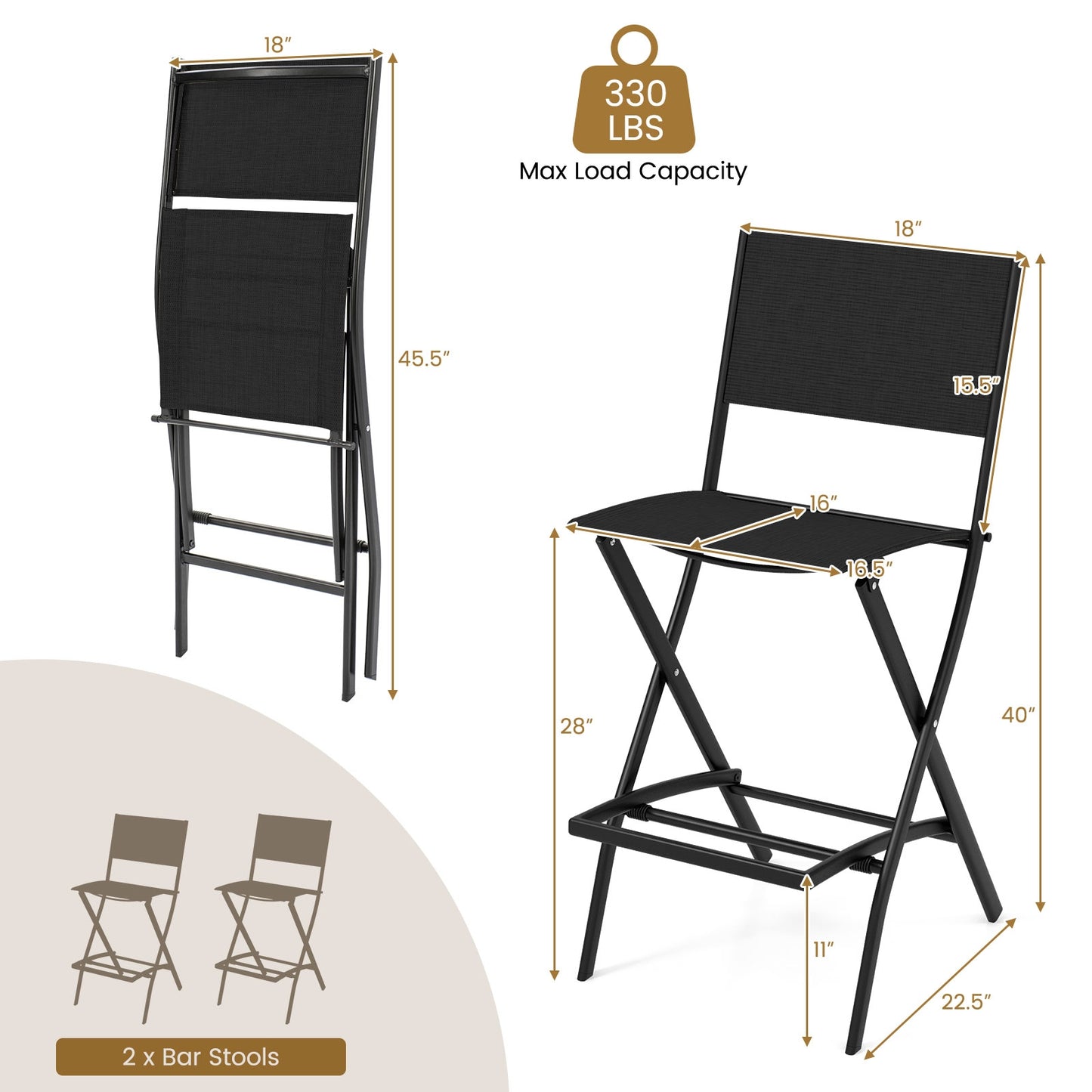 Folding Bar Stools, Set of 2, With Backrest and Footrest, Black Patio Bar Furniture at Gallery Canada