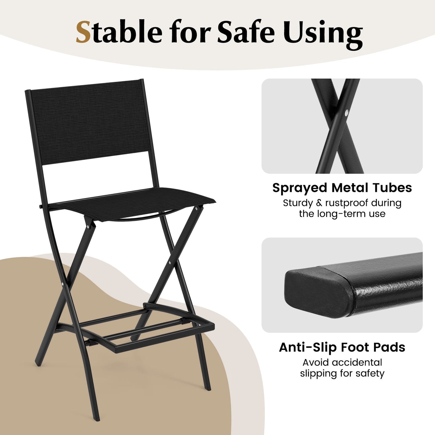 Folding Bar Stools, Set of 2, With Backrest and Footrest, Black Patio Bar Furniture at Gallery Canada