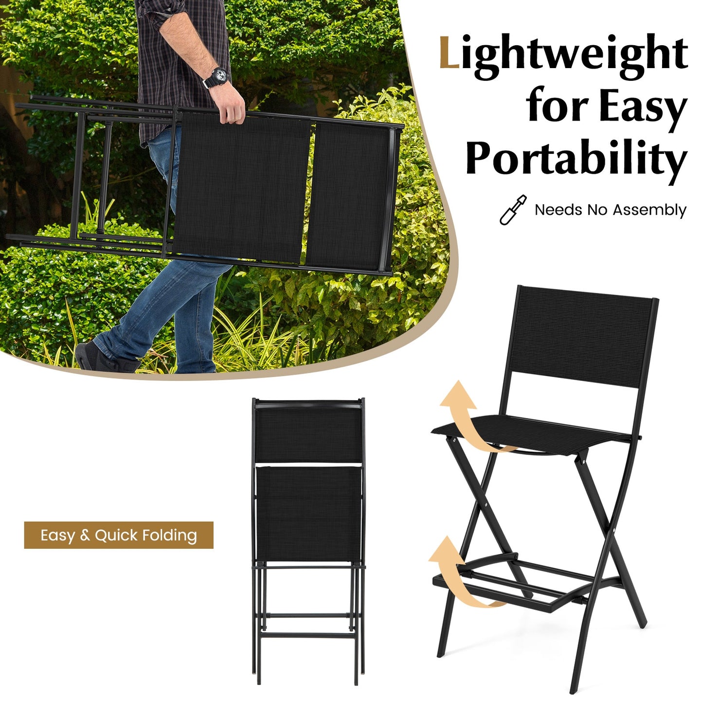 Folding Bar Stools, Set of 2, With Backrest and Footrest, Black Patio Bar Furniture at Gallery Canada