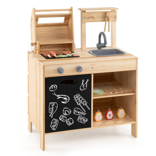 Wooden Barbecue Grill Playset With Chalkboard, Sink, Cabinet, Natural