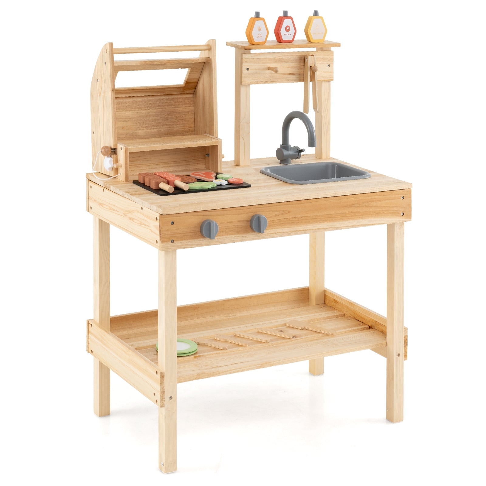 Wooden Barbecue Grill Playset with Play Food and Open Shelves, Natural Play Kitchen Sets at Gallery Canada