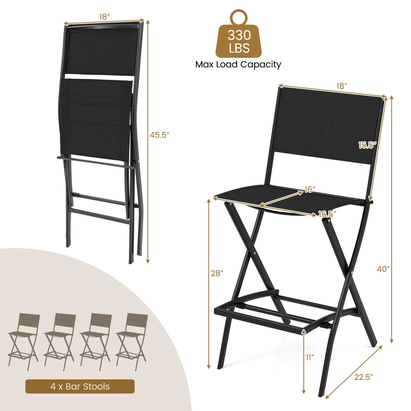 Outdoor Folding Bar Height Stool Set of 4, Metal Frame, Footrest, Black Patio Bar Furniture at Gallery Canada