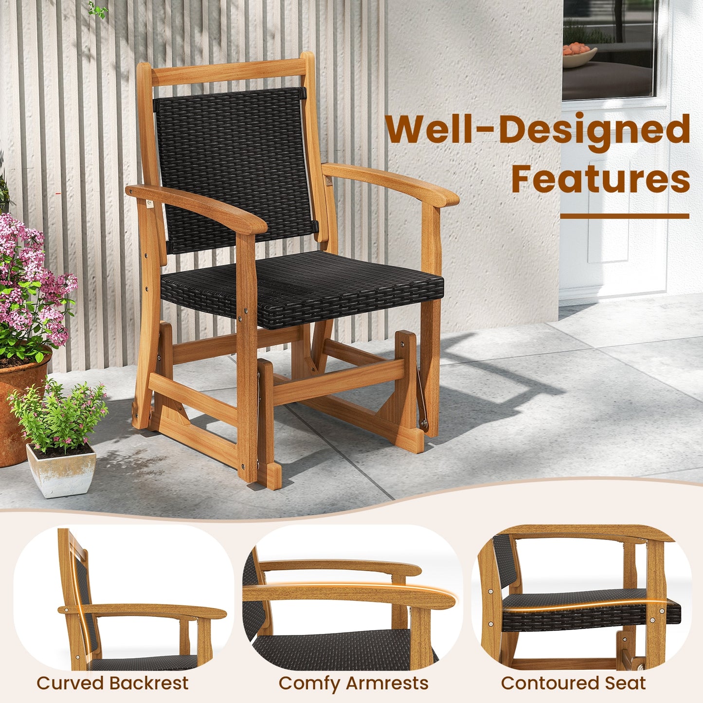 Patio Rattan Glider Chair with Acacia Wood Frame and Wicker Seat Back, Brown Patio Rocking Chairs & Gliders at Gallery Canada