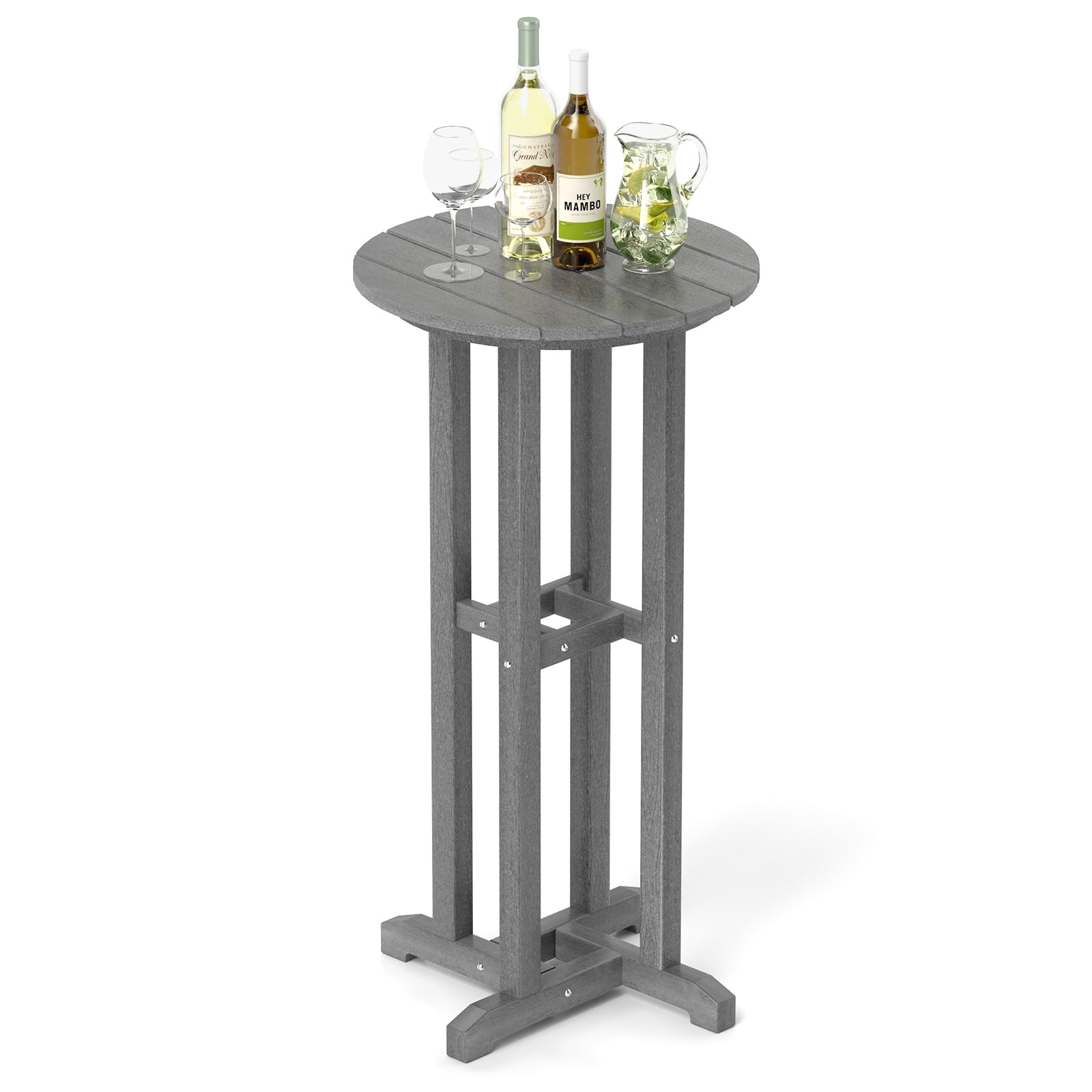 21.5 Inch Round Bar Table Patio HDPE Bar Height Dining Table with Slatted Tabletop, Gray Patio Bar Furniture at Gallery Canada